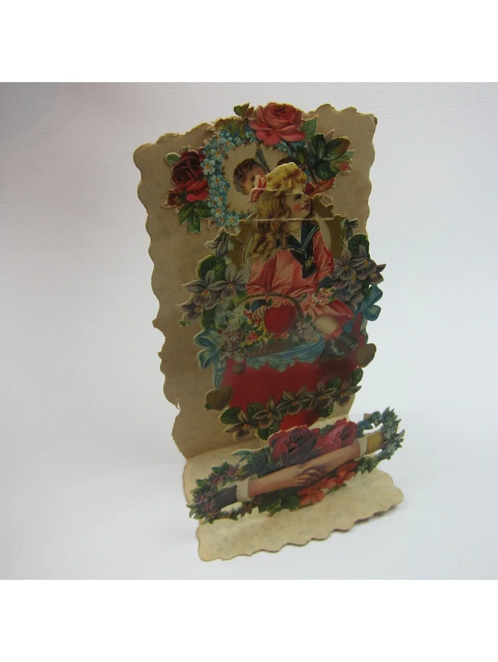 Vintage Valentine Pull Down Die Cut Stand Up Victorian Girl Flower Basket Roses